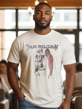 True Religion Skeleton Flag Graphic T-Shirt | Acid Wash White | Men’s 2XL